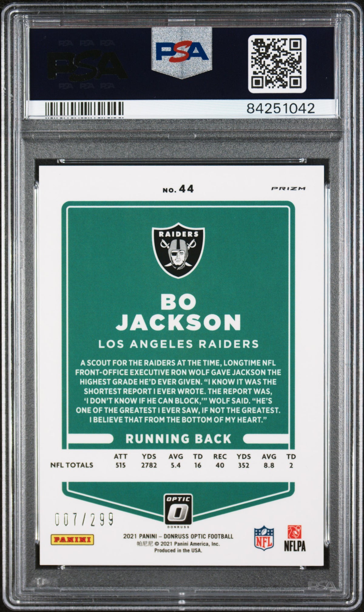 Bo Jackson 2021 Panini Donruss Optic Wave Football Card #44 Graded PSA 9-Powers Sports Memorabilia