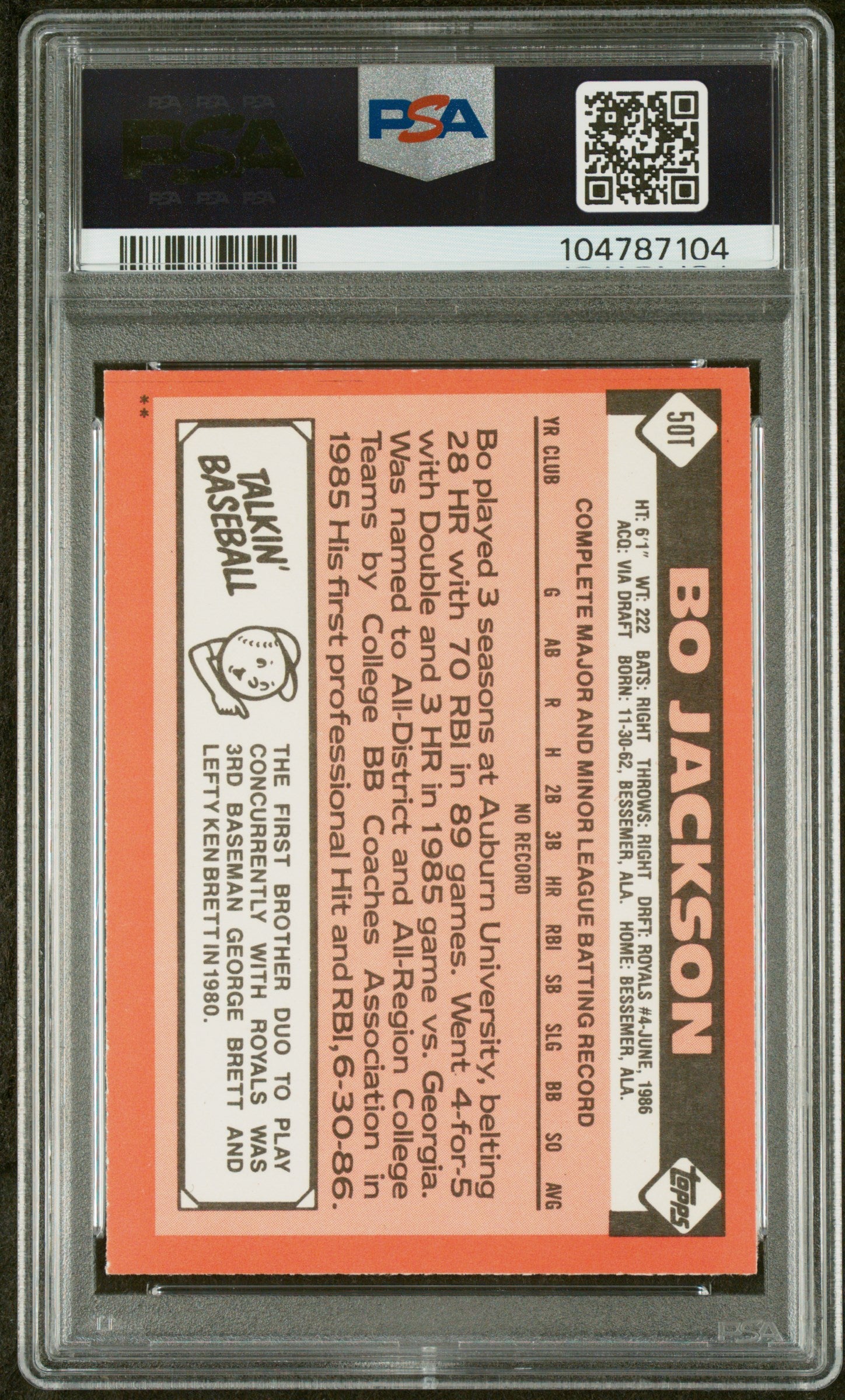 Bo Jackson 1986 Topps Traded Signed Baseball Rookie Card #50T Auto PSA 104787104-Powers Sports Memorabilia