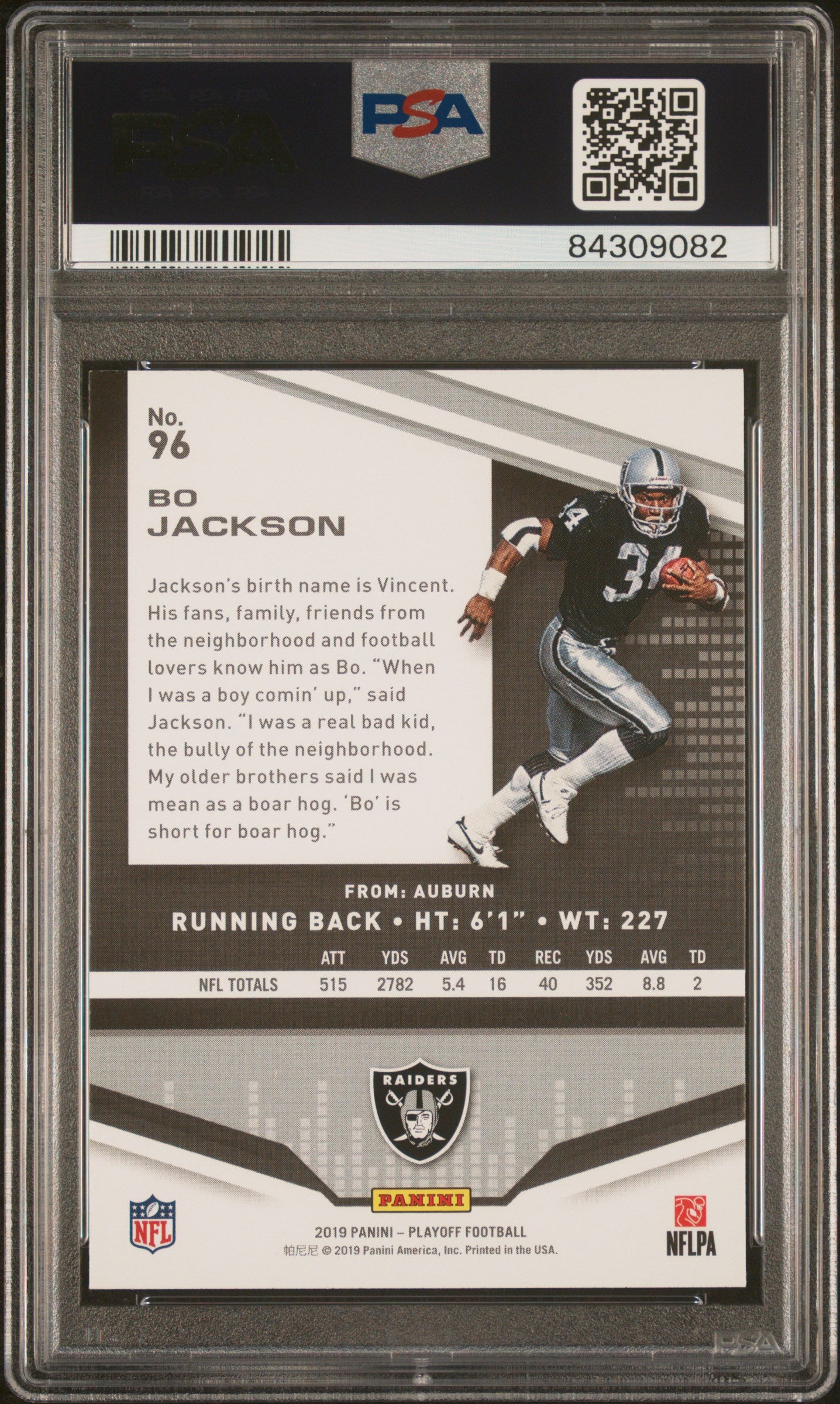 Bo Jackson 2019 Panini Playoff Football Card #96 Graded PSA 10-Powers Sports Memorabilia
