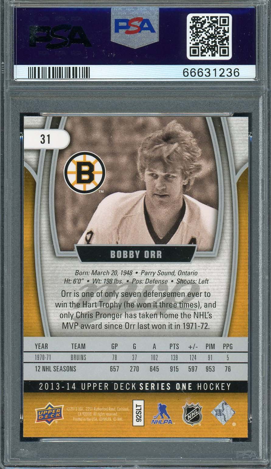 Bobby Orr 2013 Upper Deck MVP Hockey Card #31 Graded PSA 10-Powers Sports Memorabilia