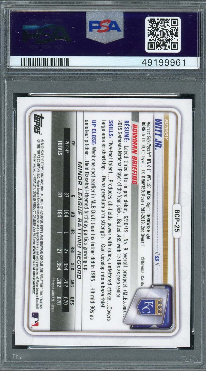 Bobby Witt Jr 2020 Bowman Chrome Prospects Rookie Card #BCP25 Graded PSA 9-Powers Sports Memorabilia