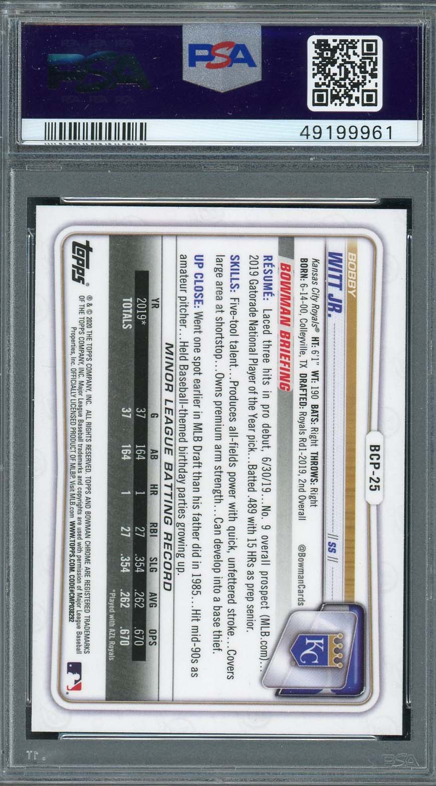 Bobby Witt Jr 2020 Bowman Chrome Prospects Rookie Card #BCP25 Graded PSA 9-Powers Sports Memorabilia