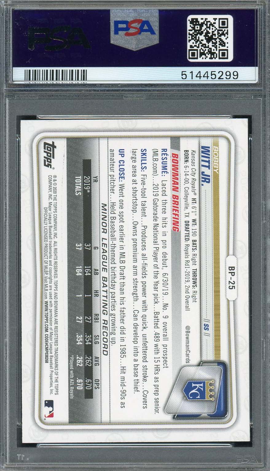 Bobby Witt Jr 2020 Bowman Paper Prospects Rookie Card RC #BP25 Graded PSA 10-Powers Sports Memorabilia