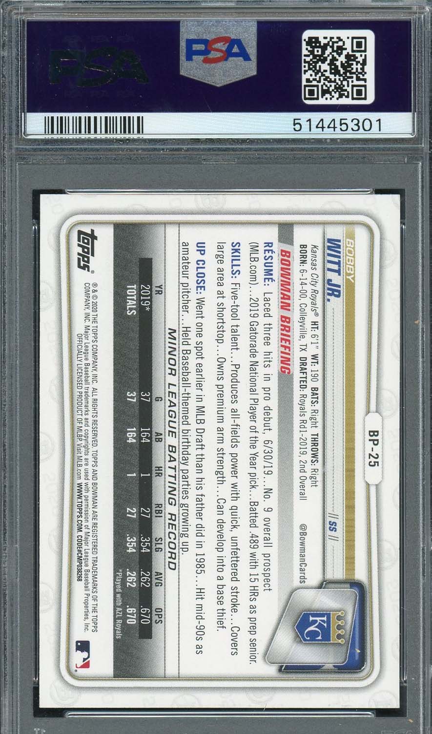 Bobby Witt Jr 2020 Bowman Paper Prospects Rookie Card #BP25 Graded PSA 9-Powers Sports Memorabilia