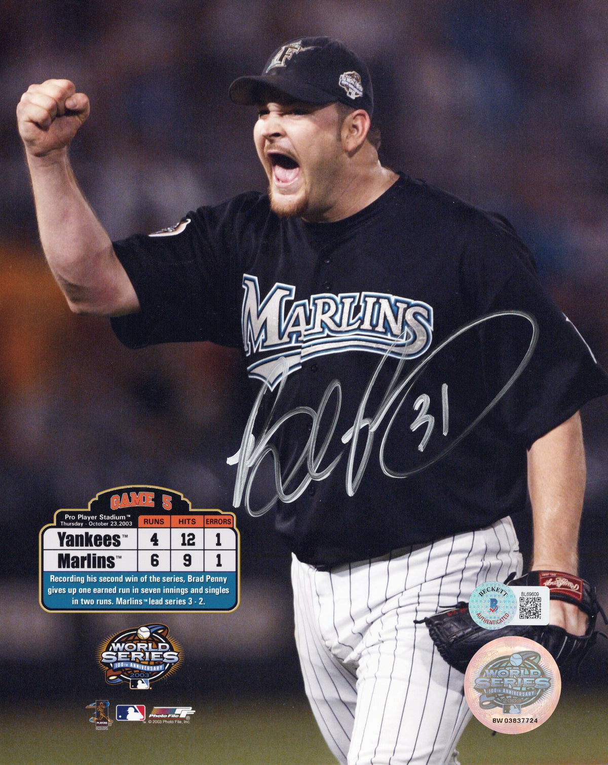 Brad Penny Signed Florida Marlins 2003 World Series Game 5 8x10 Photo - Beckett-Powers Sports Memorabilia