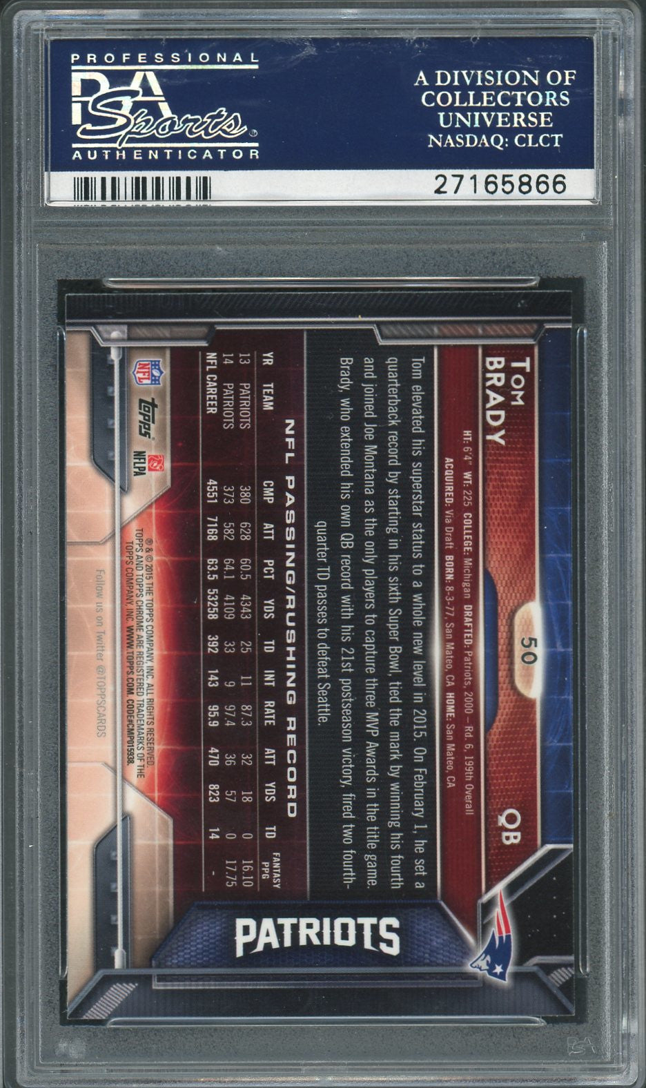Tom Brady 2015 Topps Chrome Football Card #50 Graded PSA 10 GEM MINT-Powers Sports Memorabilia