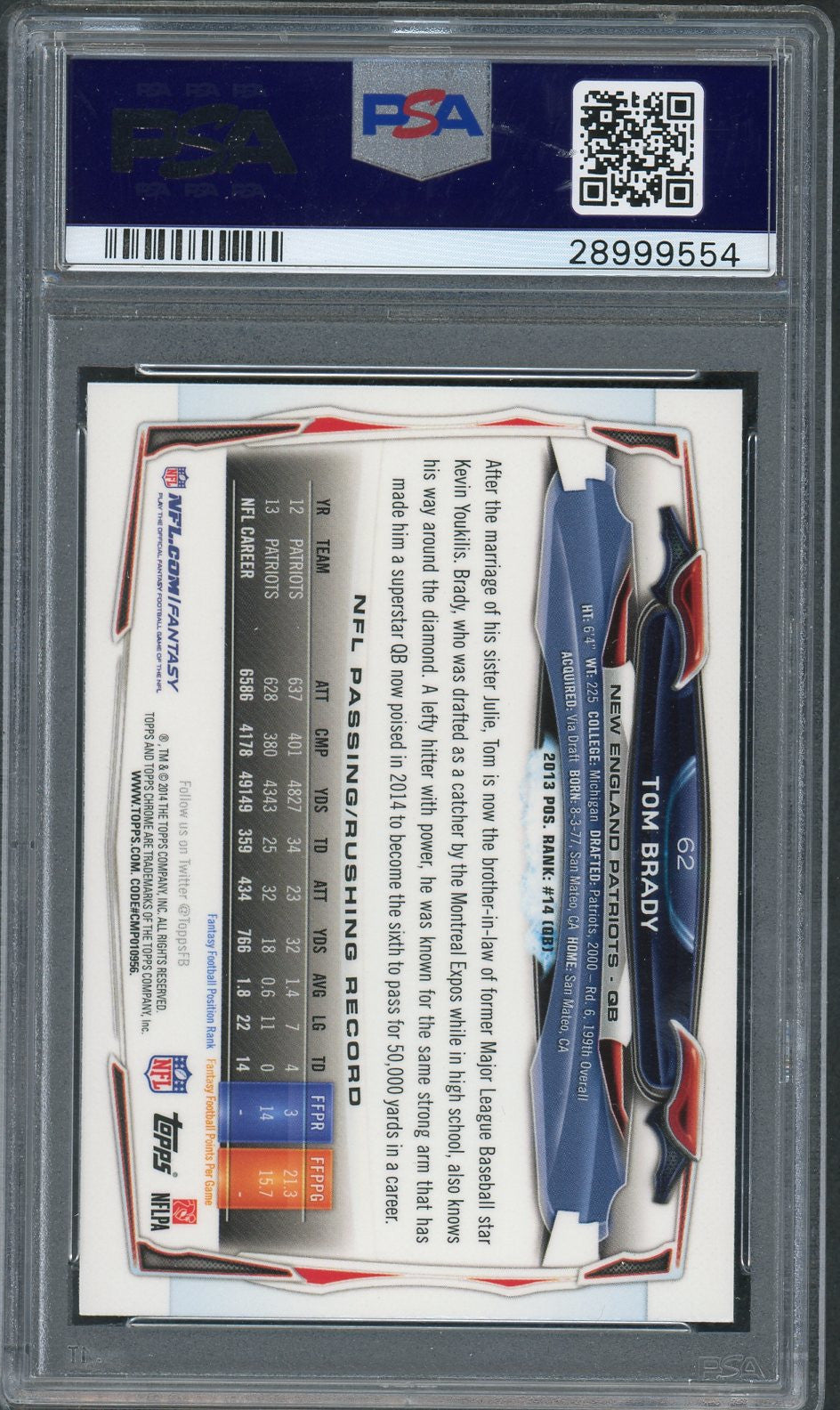 Tom Brady 2014 Topps Chrome Blue Jersey Football Card #62 Graded PSA 10 GEM MINT-Powers Sports Memorabilia