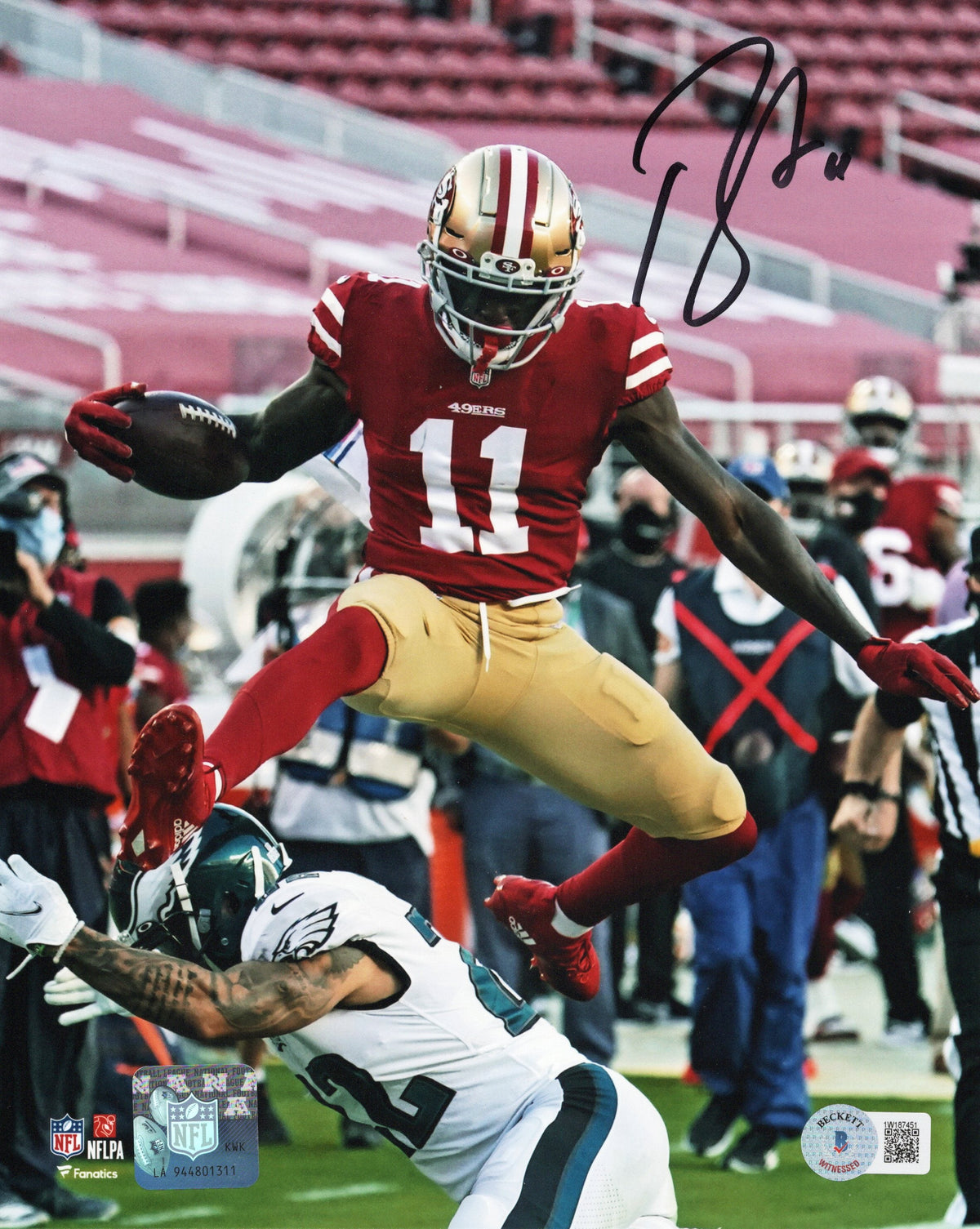 Brandon Aiyuk Signed San Francisco 49ers 8x10 Photo Beckett Witnessed Red Jersey-Powers Sports Memorabilia