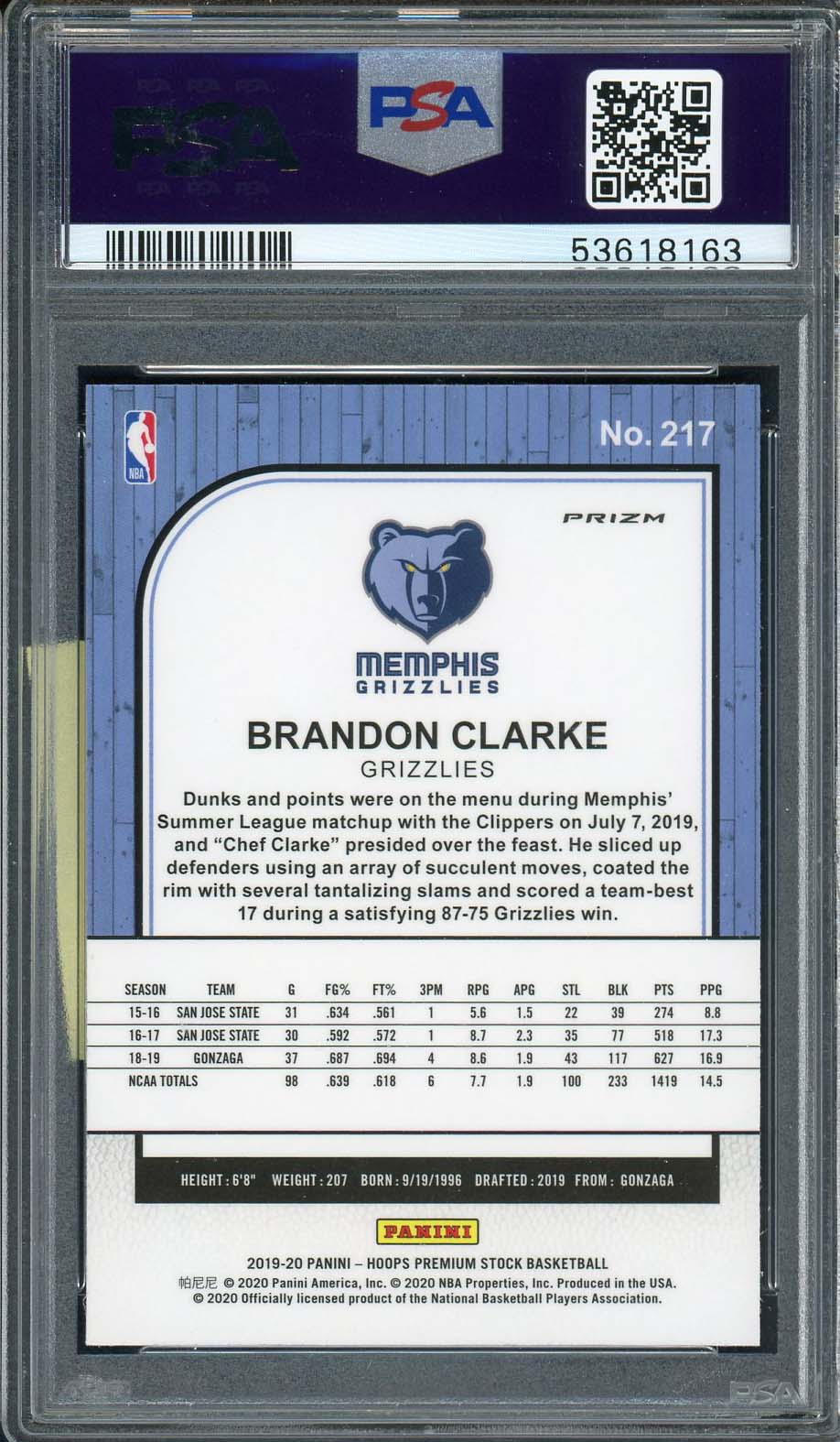 Brandon Clarke 2019 Panini Hoops Premium Stock Pulsar Rookie Card #217 PSA 10-Powers Sports Memorabilia