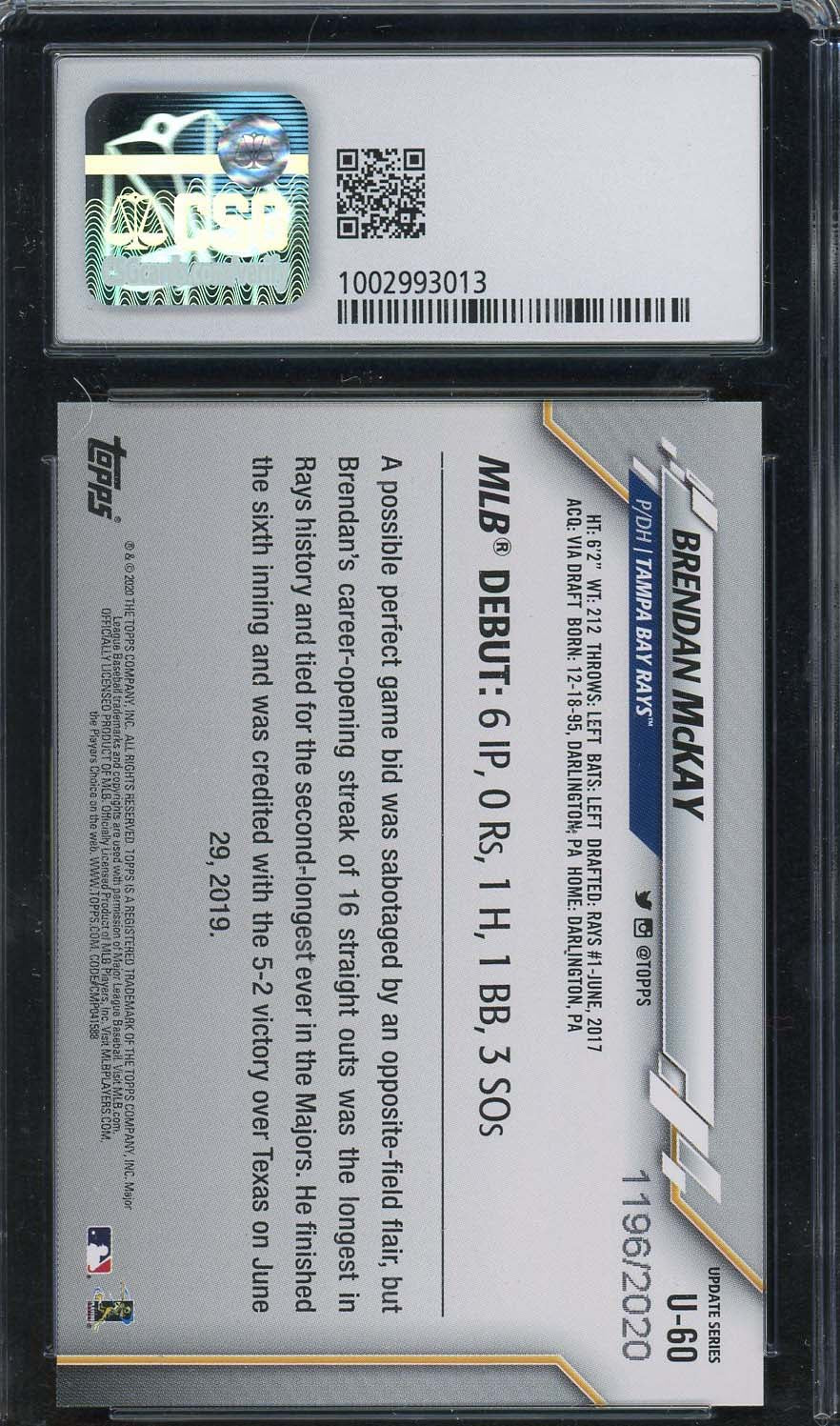 Brendan McKay 2020 Topps Update Gold Baseball Rookie Card #U-60 CSG 9 /2020-Powers Sports Memorabilia