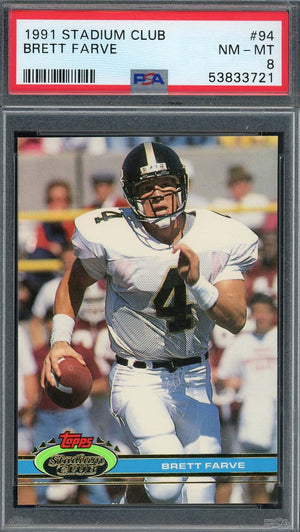 Brett Favre 1991 Stadium Club Football Rookie Card #94 PSA 8-Powers Sports Memorabilia