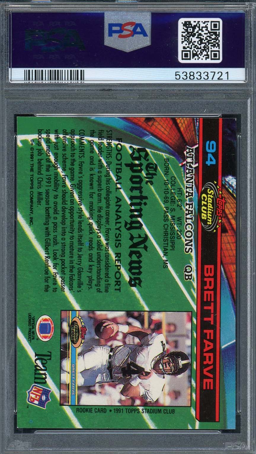 Brett Favre 1991 Stadium Club Football Rookie Card #94 PSA 8-Powers Sports Memorabilia