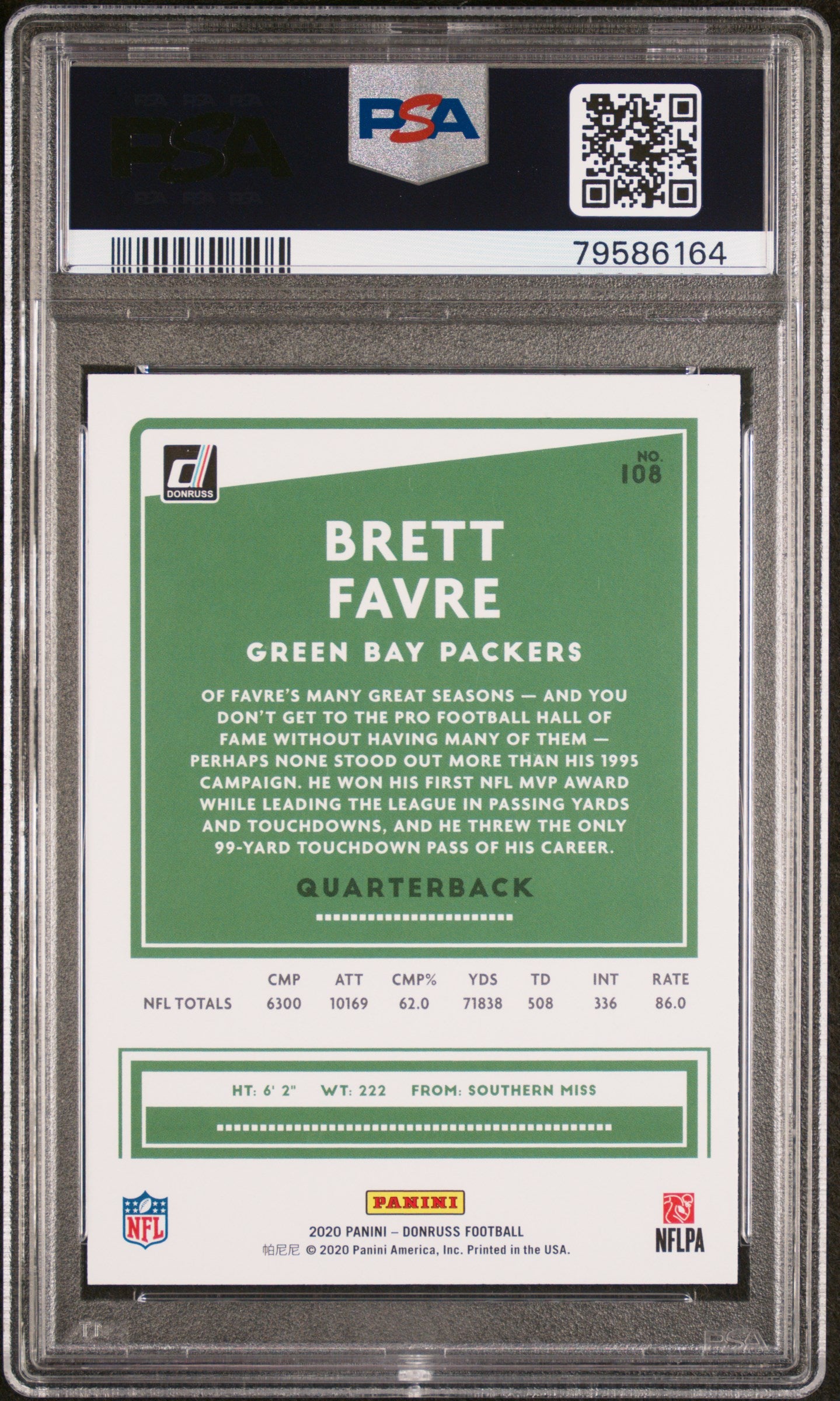 Brett Favre 2020 Panini Donruss Football Card #108 Graded PSA 10-Powers Sports Memorabilia
