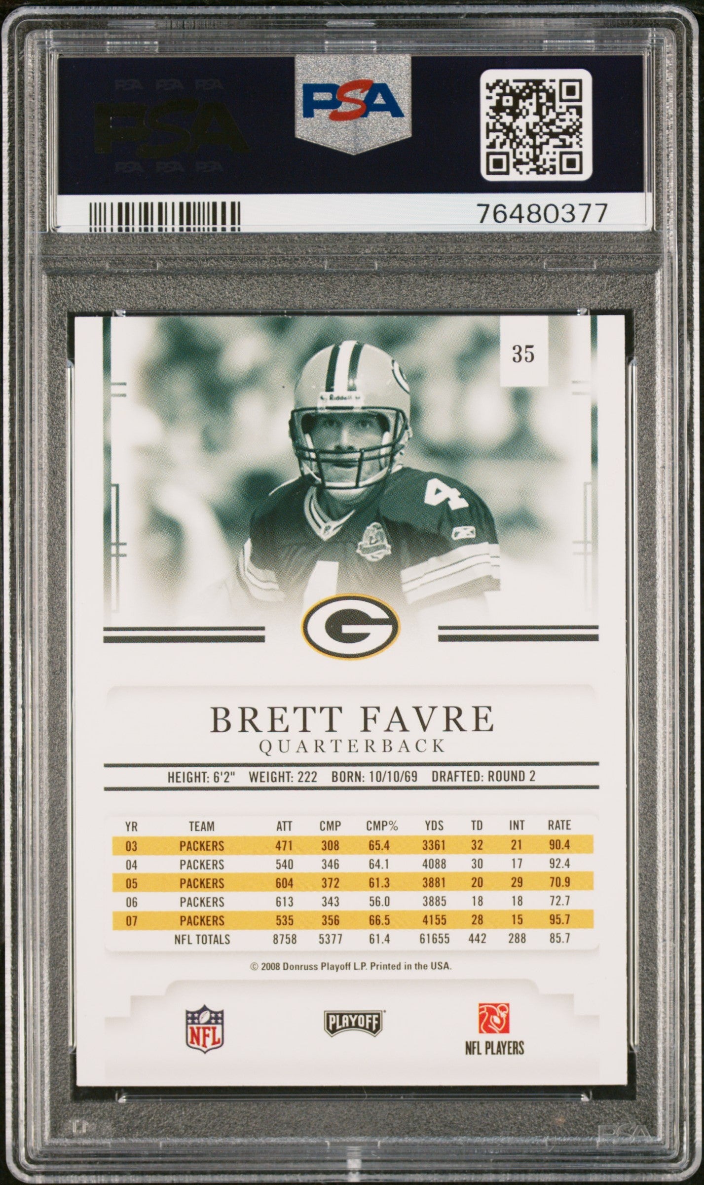 Brett Favre 2008 Playoff Prestige Football Card #35 Graded PSA 10-Powers Sports Memorabilia