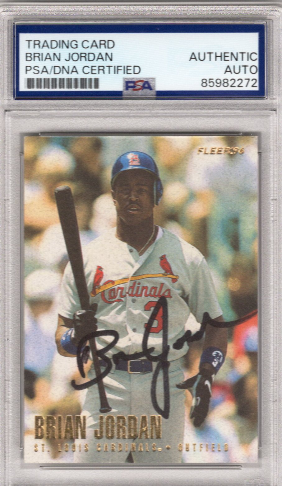 Brian Jordan Signed St. Louis Cardinals 1996 Fleer Card #545 PSA AUTHENTIC AUTO-Powers Sports Memorabilia