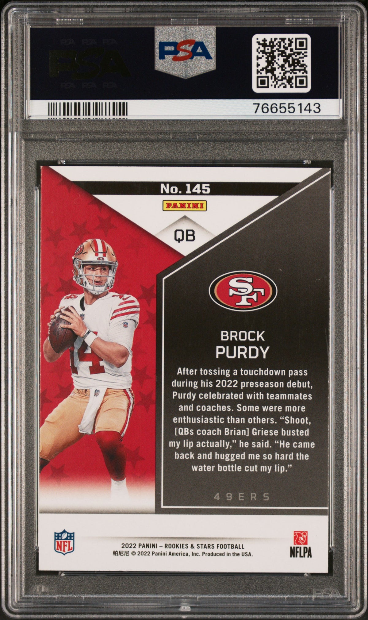 Brock Purdy 2022 Panini Rookies &amp; Stars Rookie Card #145 Graded PSA 9-Powers Sports Memorabilia