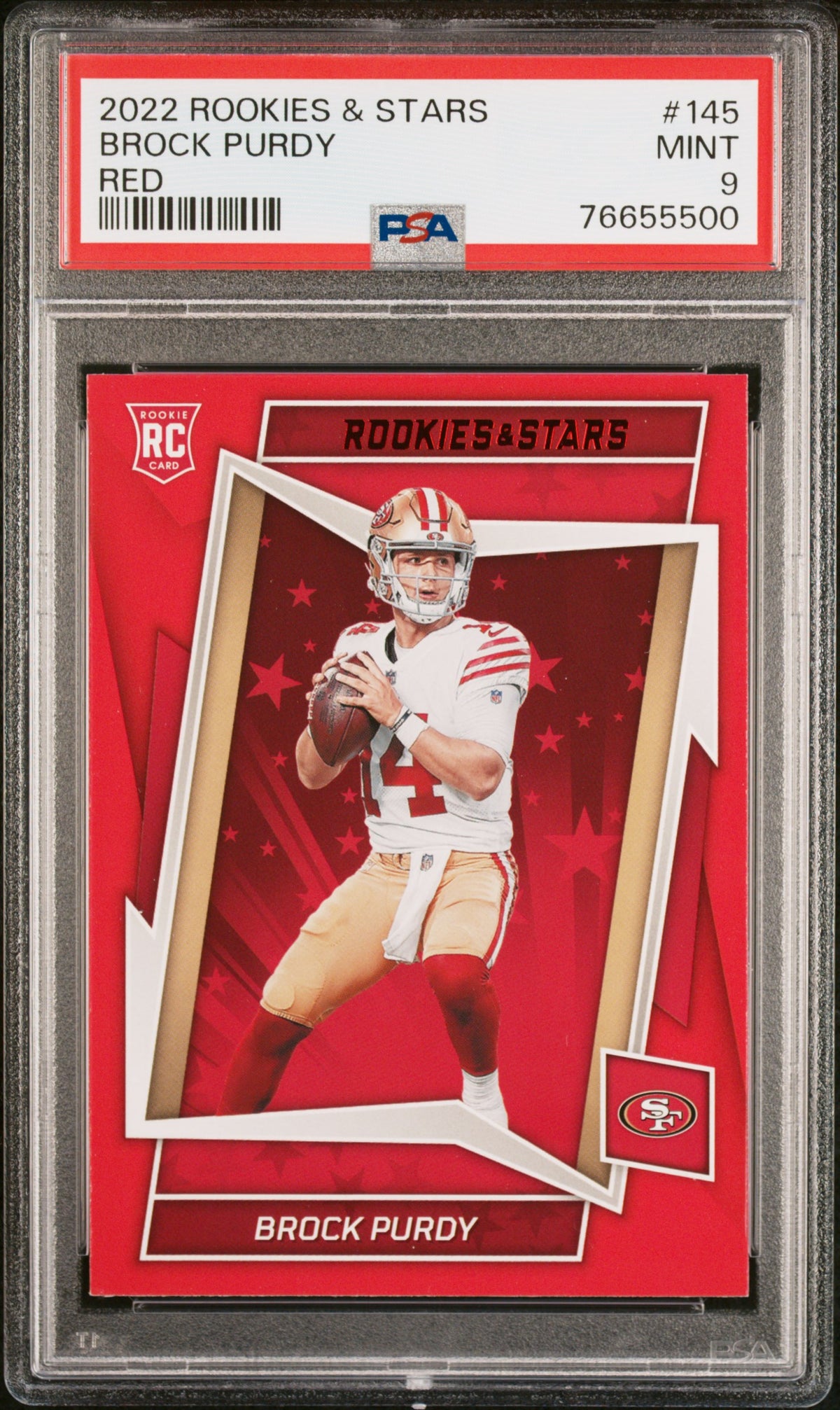 Brock Purdy 2022 Panini Rookies &amp; Stars Red Rookie Card #145 Graded PSA 9-Powers Sports Memorabilia