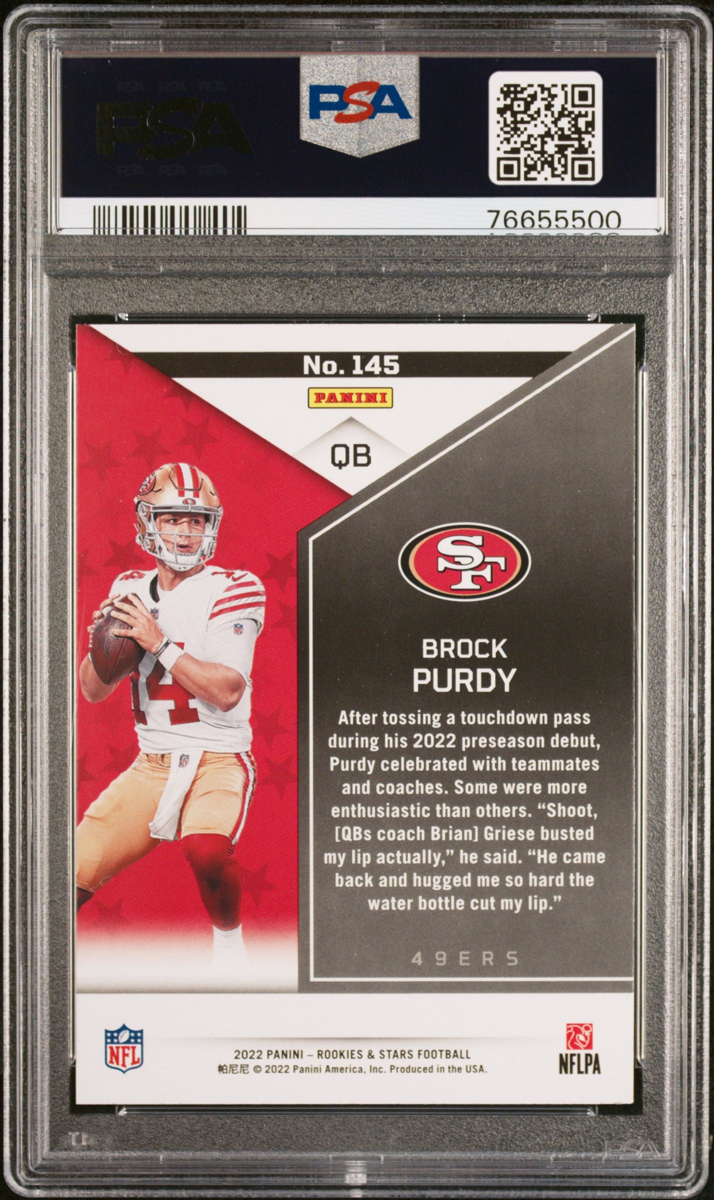 Brock Purdy 2022 Panini Rookies & Stars Red Rookie Card #145 Graded PSA 9-Powers Sports Memorabilia
