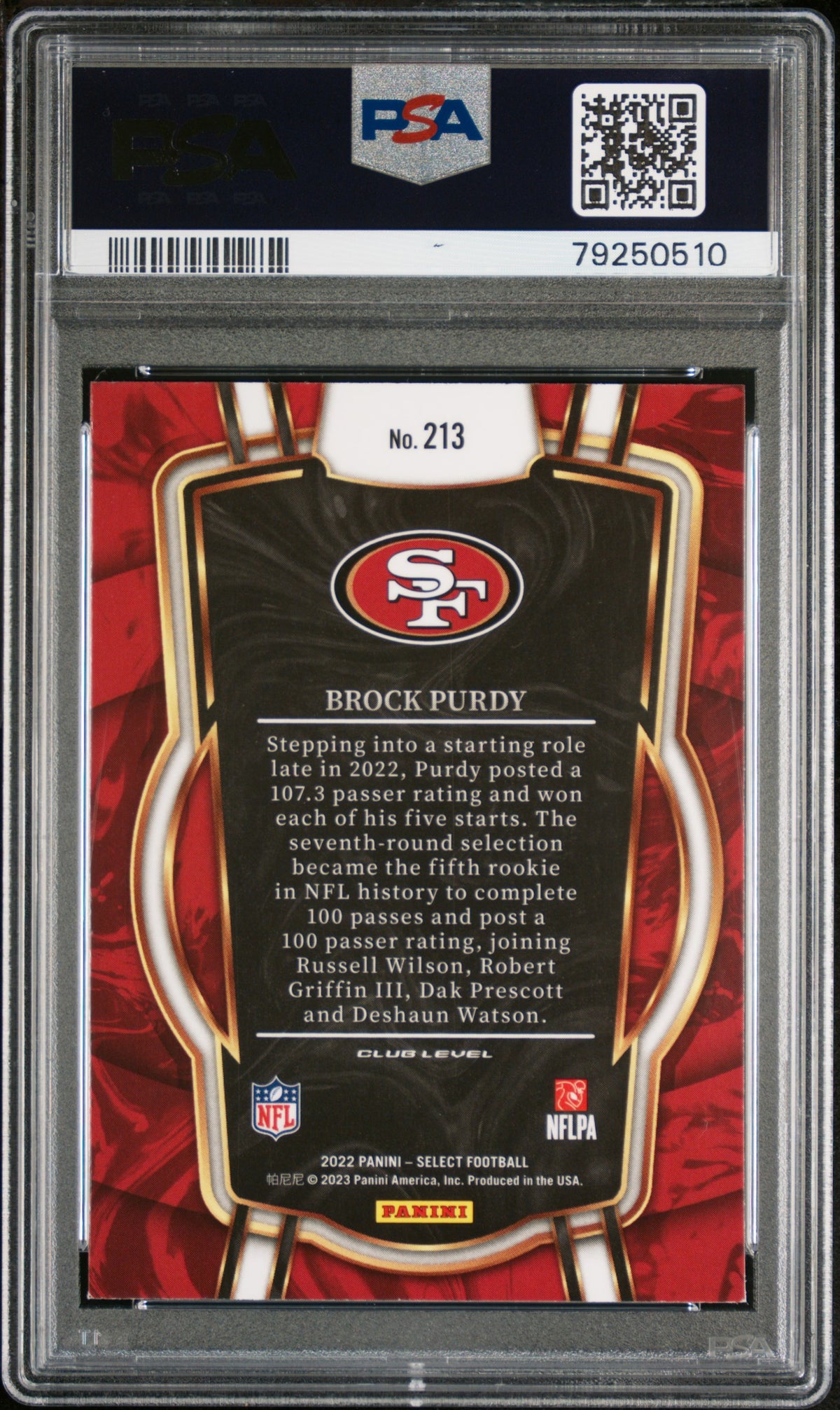 Brock Purdy 2022 Panini Select Football Rookie Card #213 Graded PSA 9-Powers Sports Memorabilia