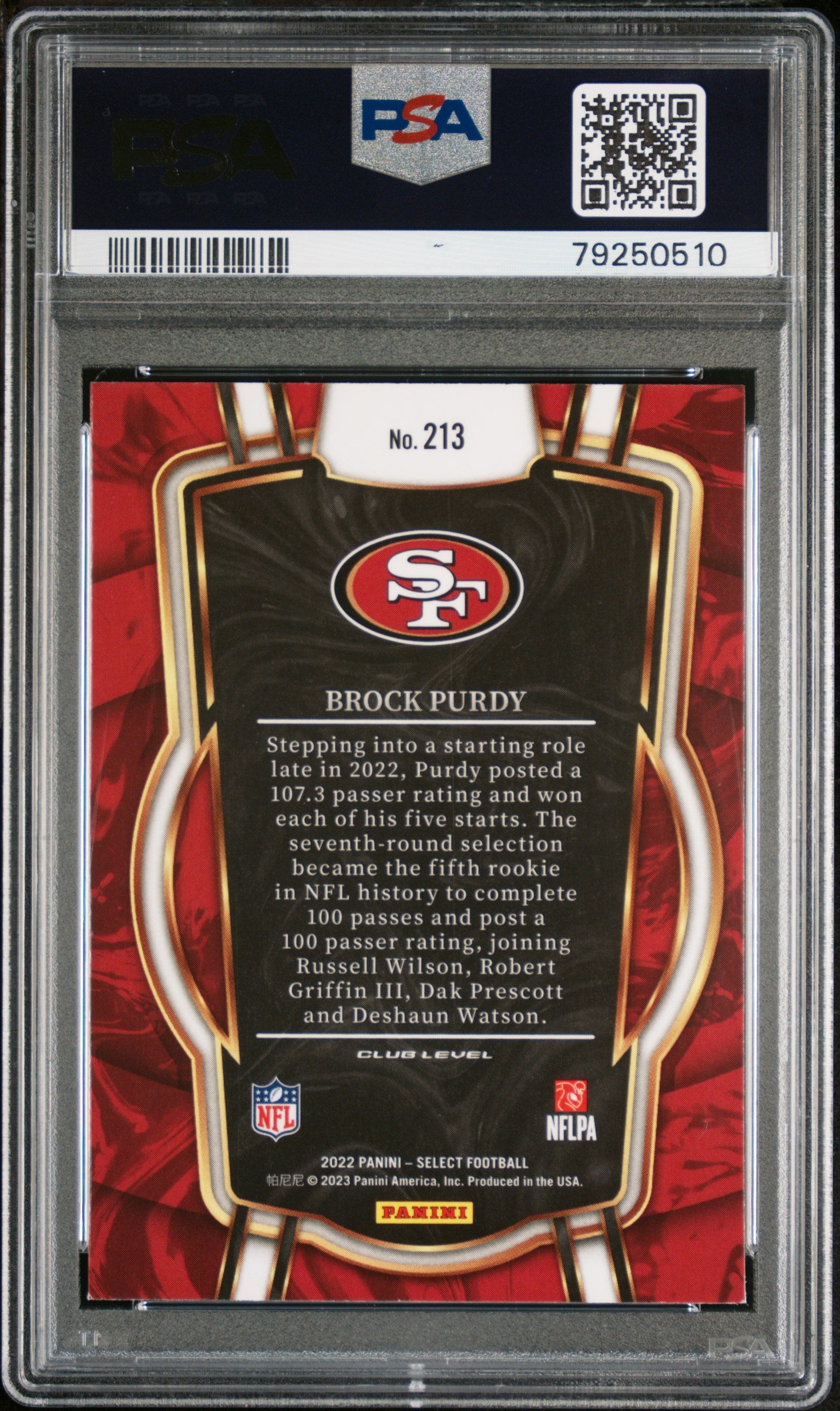 Brock Purdy 2022 Panini Select Football Rookie Card #213 Graded PSA 9-Powers Sports Memorabilia
