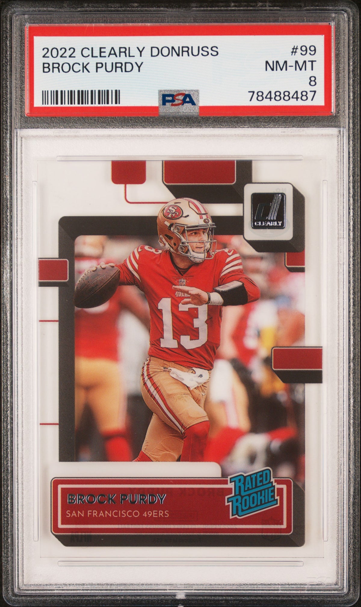 Brock Purdy 2022 Panini Clearly Donruss Football Rookie Card #99 Graded PSA 8-Powers Sports Memorabilia