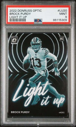 Brock Purdy 2022 Panini Donruss Optic Light It Up Rookie Card #LU20 Graded PSA 9-Powers Sports Memorabilia