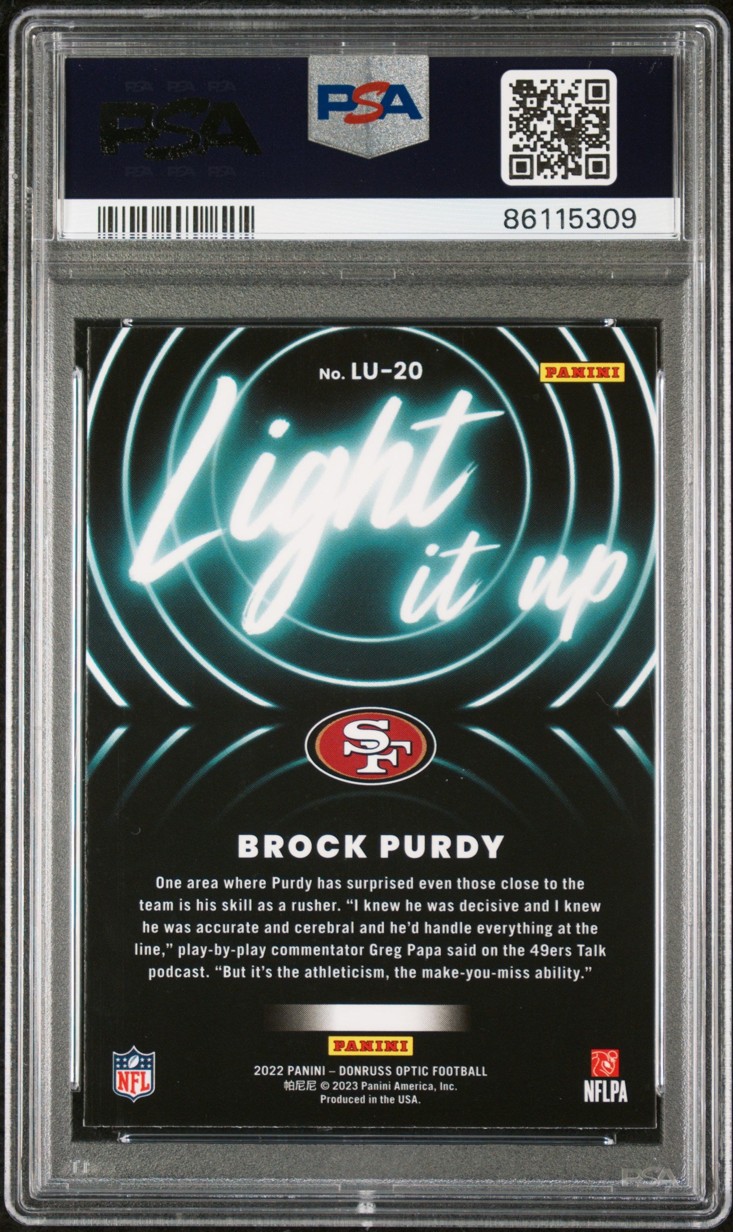 Brock Purdy 2022 Panini Donruss Optic Light It Up Rookie Card #LU20 Graded PSA 9-Powers Sports Memorabilia