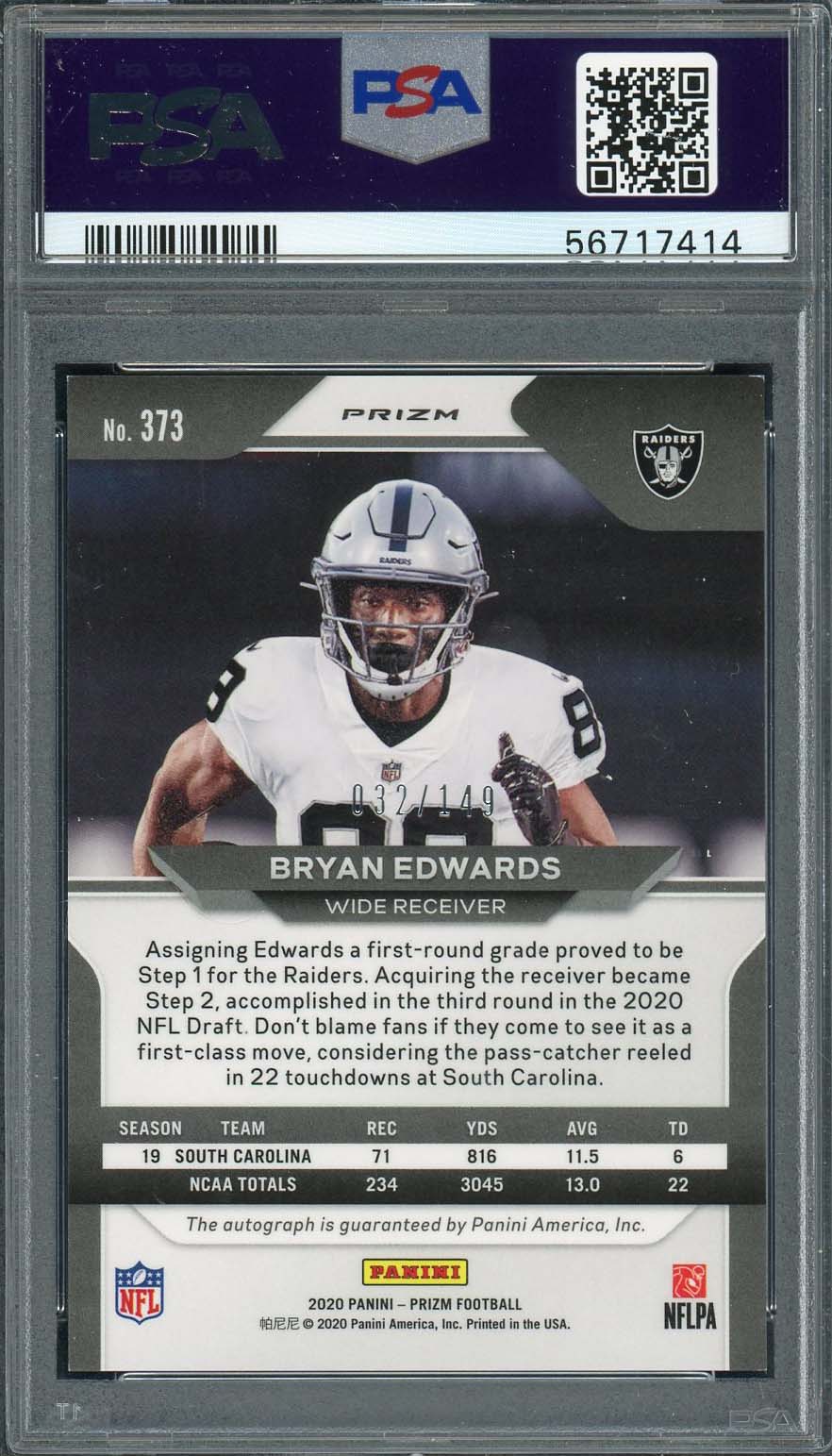 Bryan Edwards 2020 Panini Prizm Red Wave Autographed Card #373 PSA 8 /149-Powers Sports Memorabilia