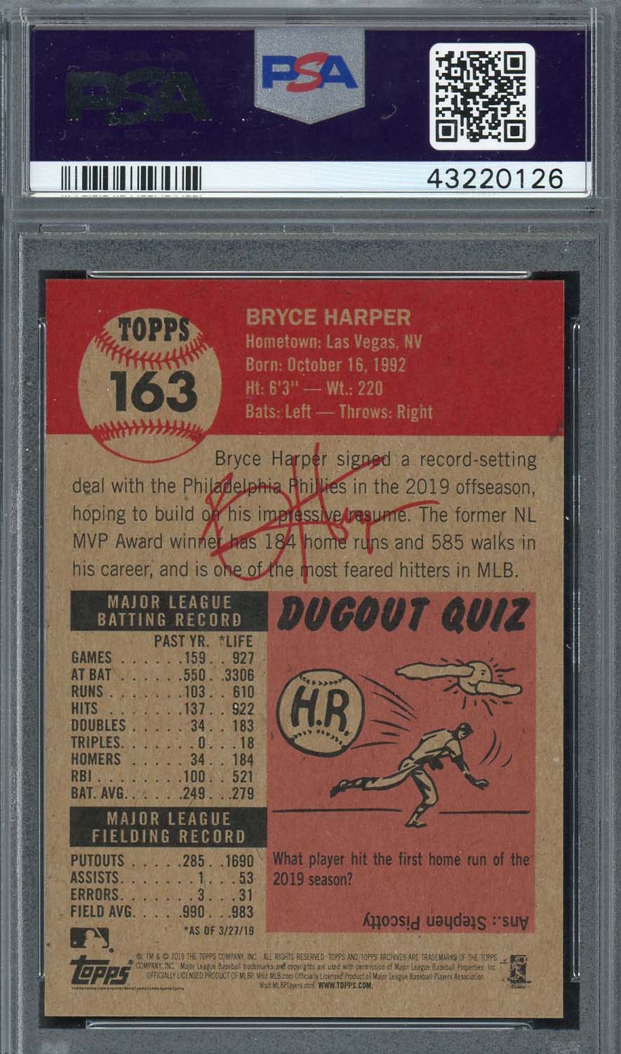 Bryce Harper 2019 Topps Living Baseball Card #163 Graded PSA 10-Powers Sports Memorabilia