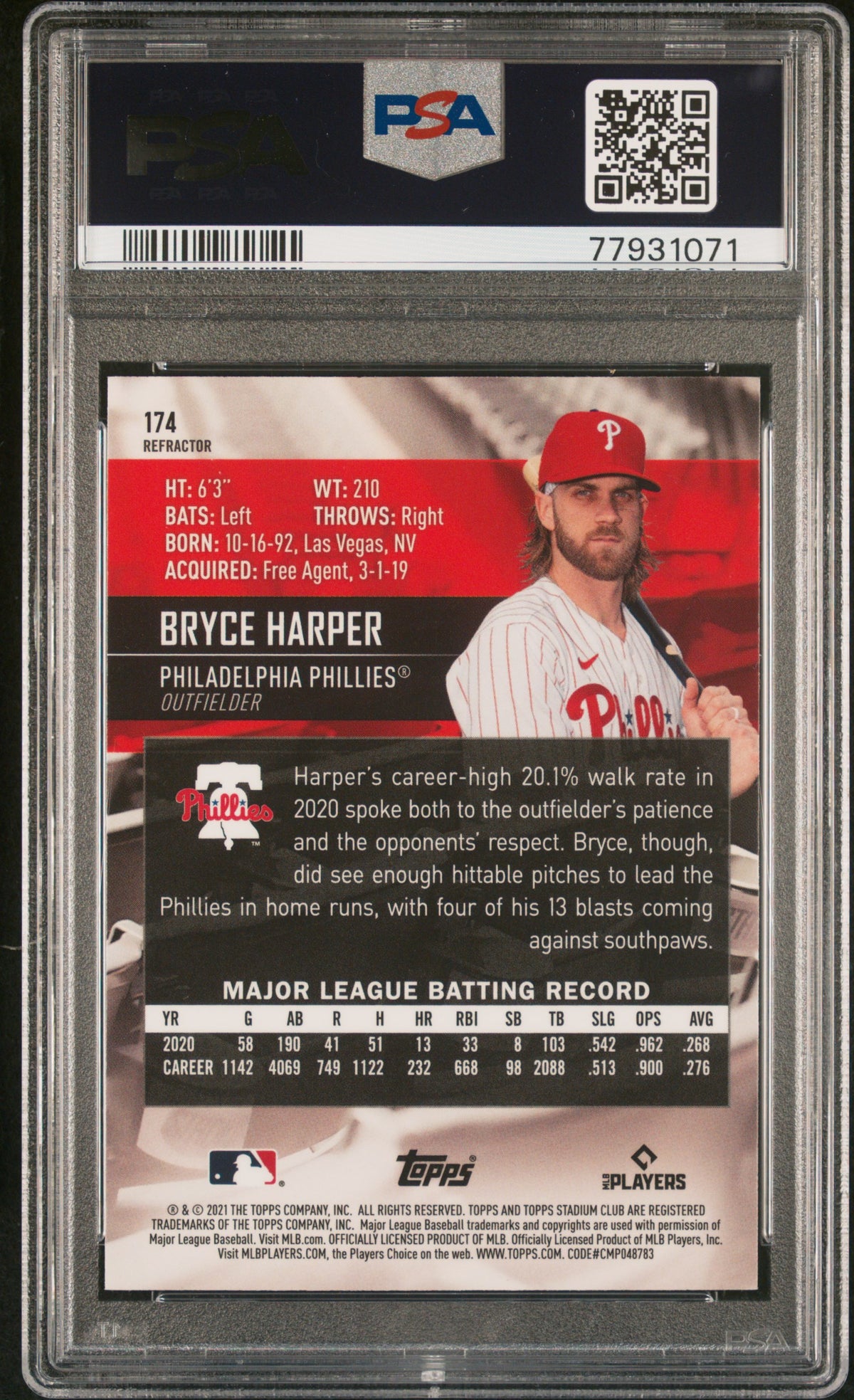 Bryce Harper 2021 Topps Stadium Club Chrome Refractor Card #174 Graded PSA 10-Powers Sports Memorabilia
