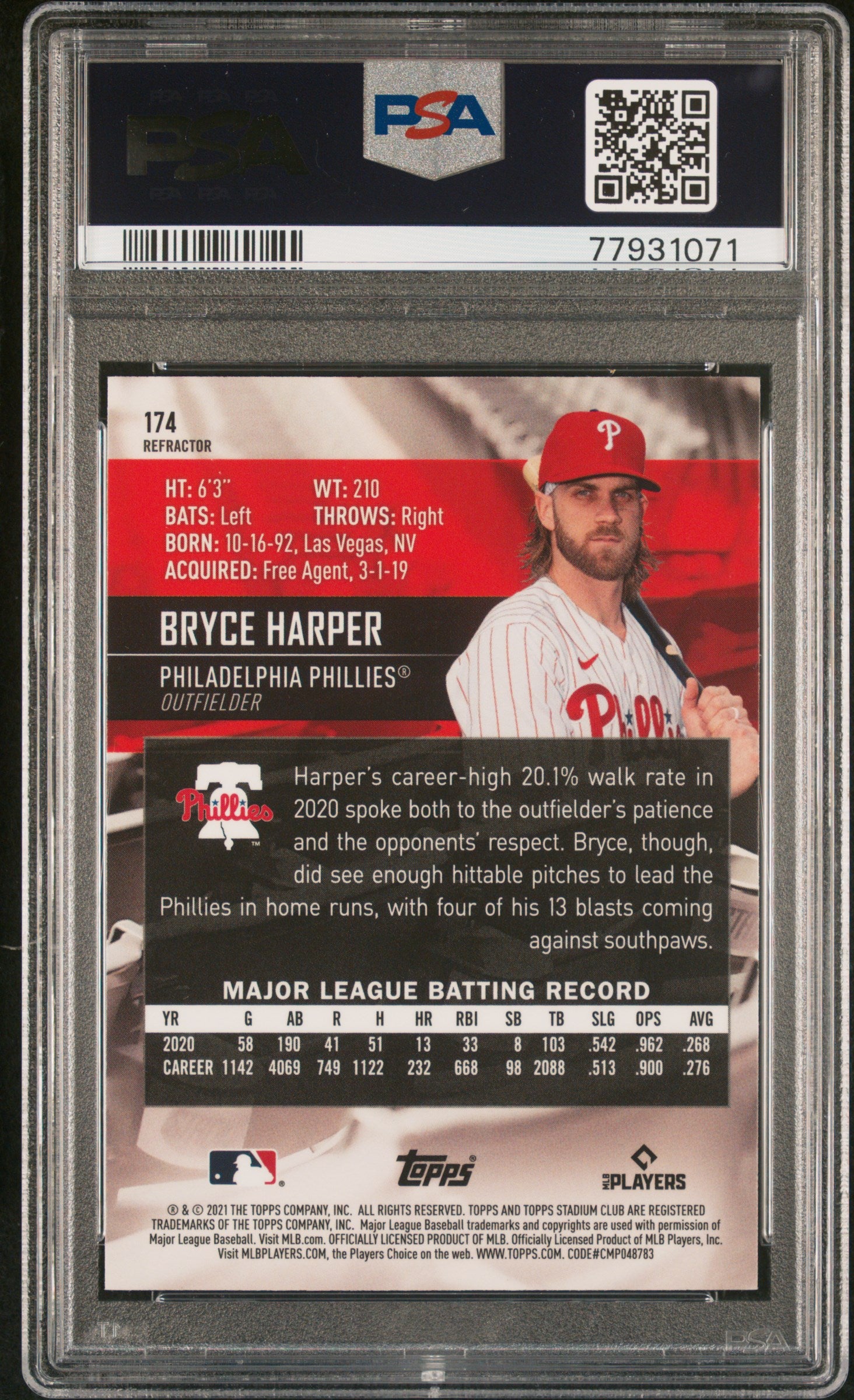 Bryce Harper 2021 Topps Stadium Club Chrome Refractor Card #174 Graded PSA 10-Powers Sports Memorabilia
