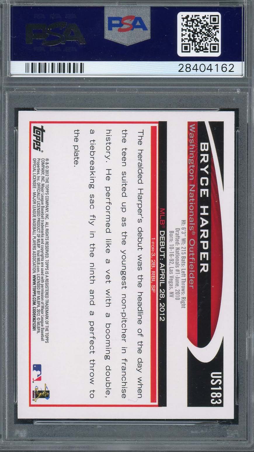 Bryce Harper 2012 Topps Update Baseball Rookie Card RC #US183 Graded PSA 10-Powers Sports Memorabilia