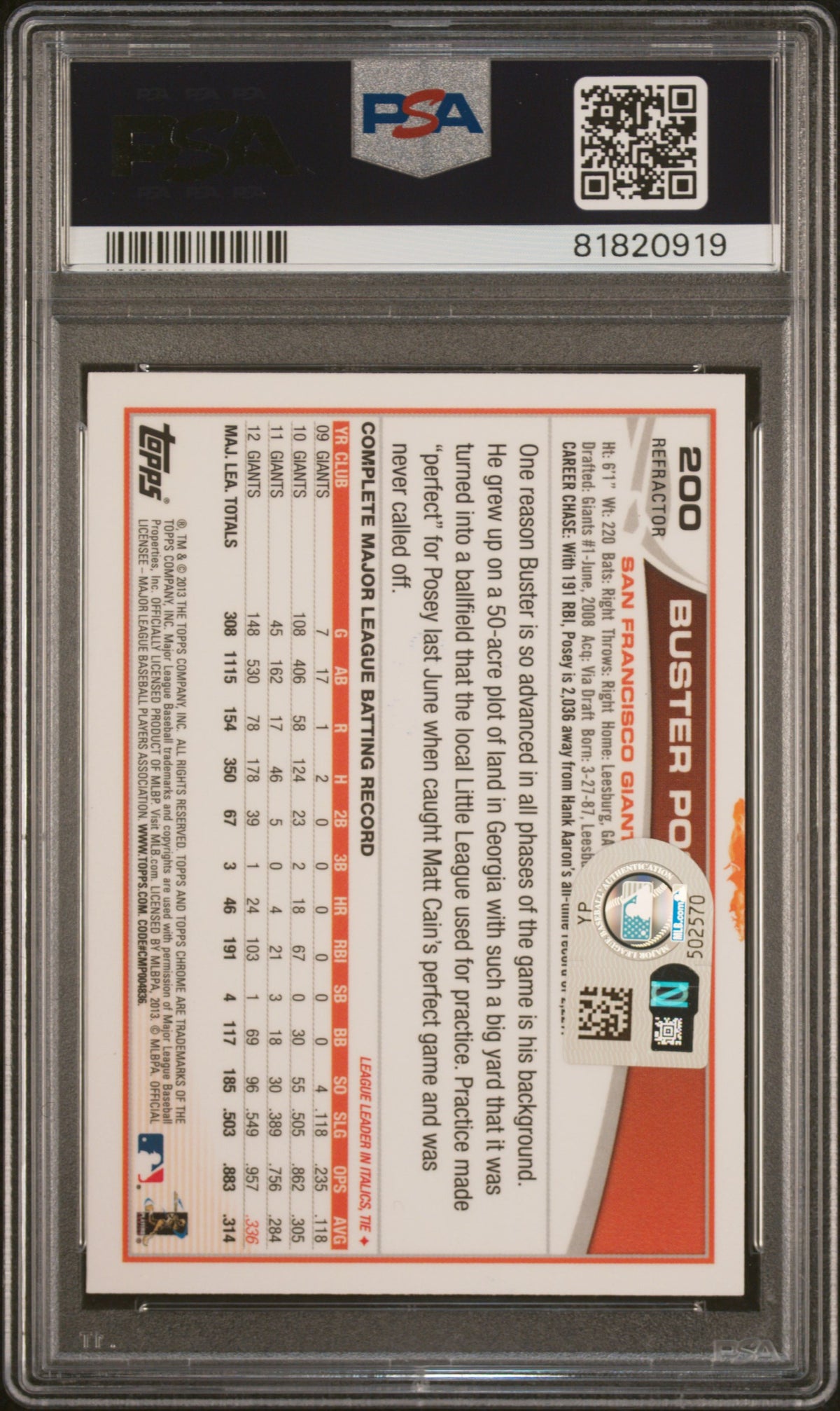 Buster Posey 2013 Topps Chrome Orange Rerfactor Signed Card #200 Auto PSA 820919-Powers Sports Memorabilia