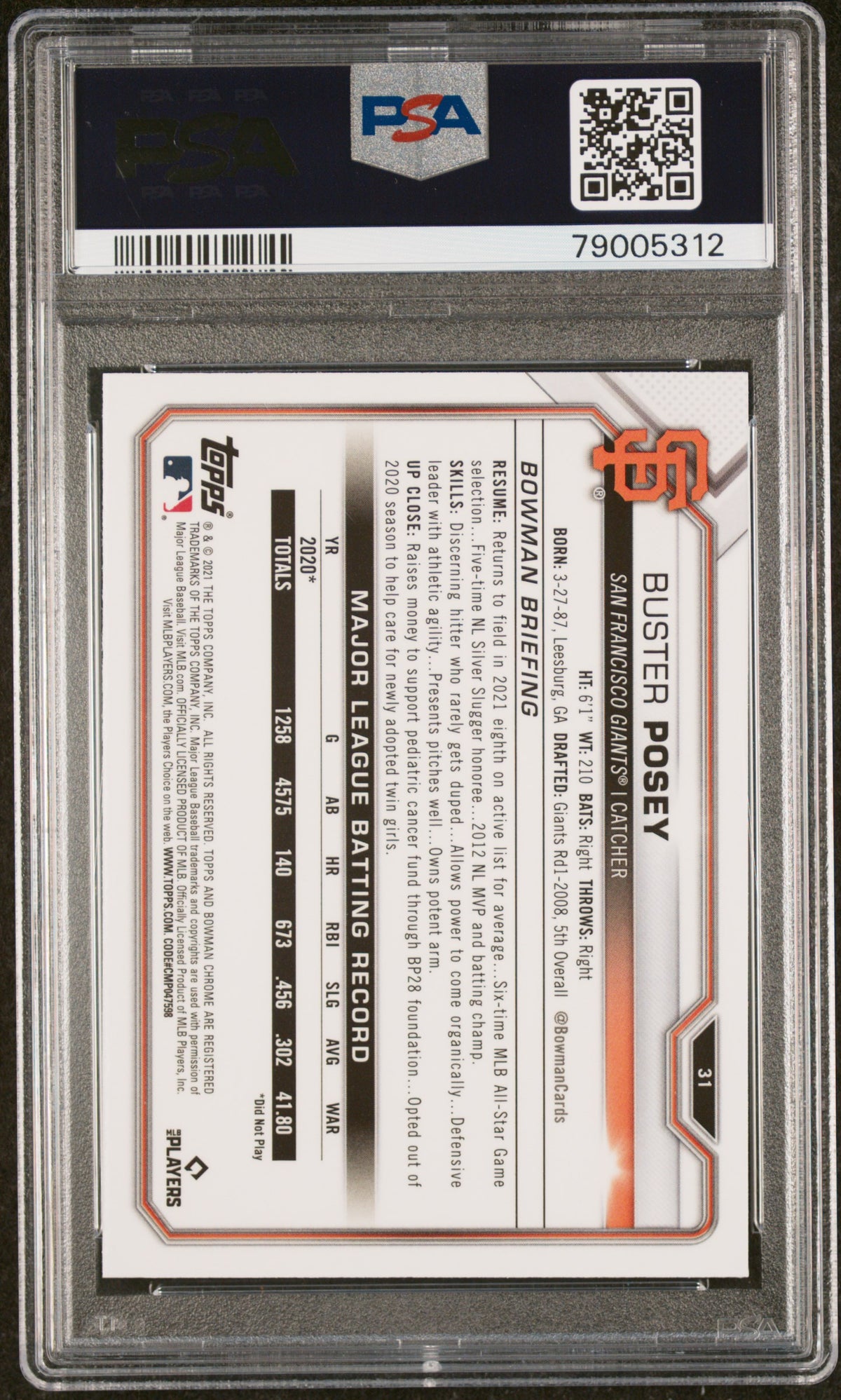 Buster Posey 2021 Bowman Chrome Baseball Card #31 Graded PSA 10-Powers Sports Memorabilia