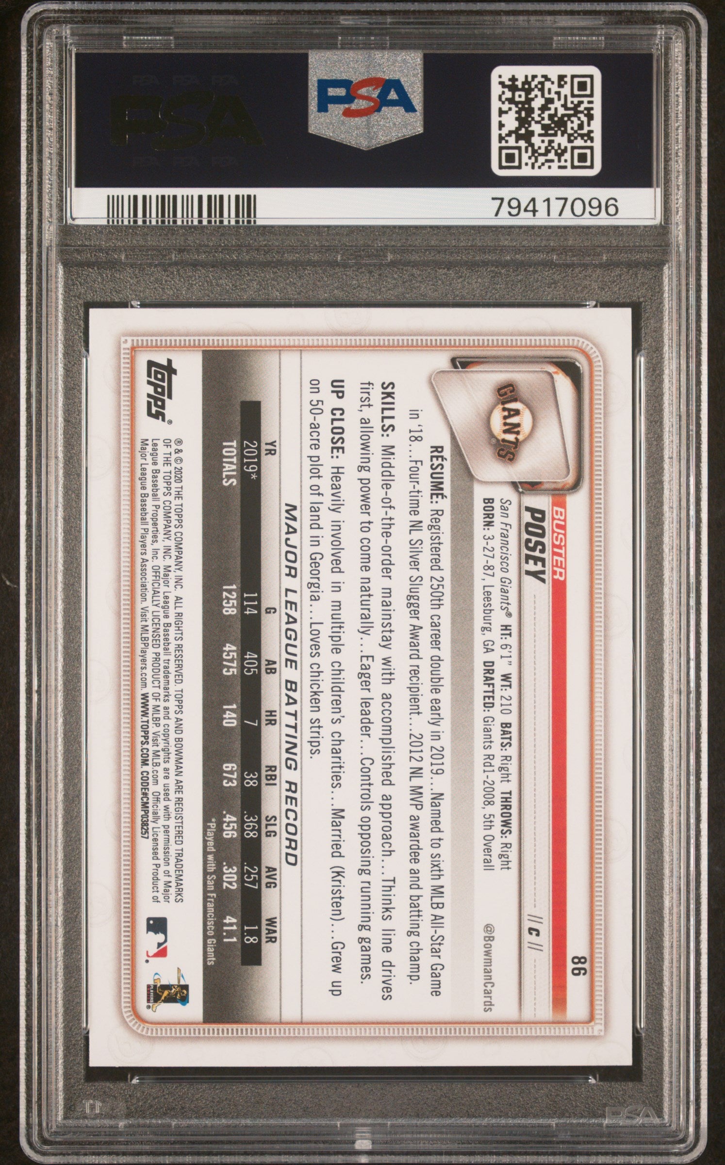 Buster Posey 2020 Panini Bowman Baseball Card #86 Graded PSA 10-Powers Sports Memorabilia