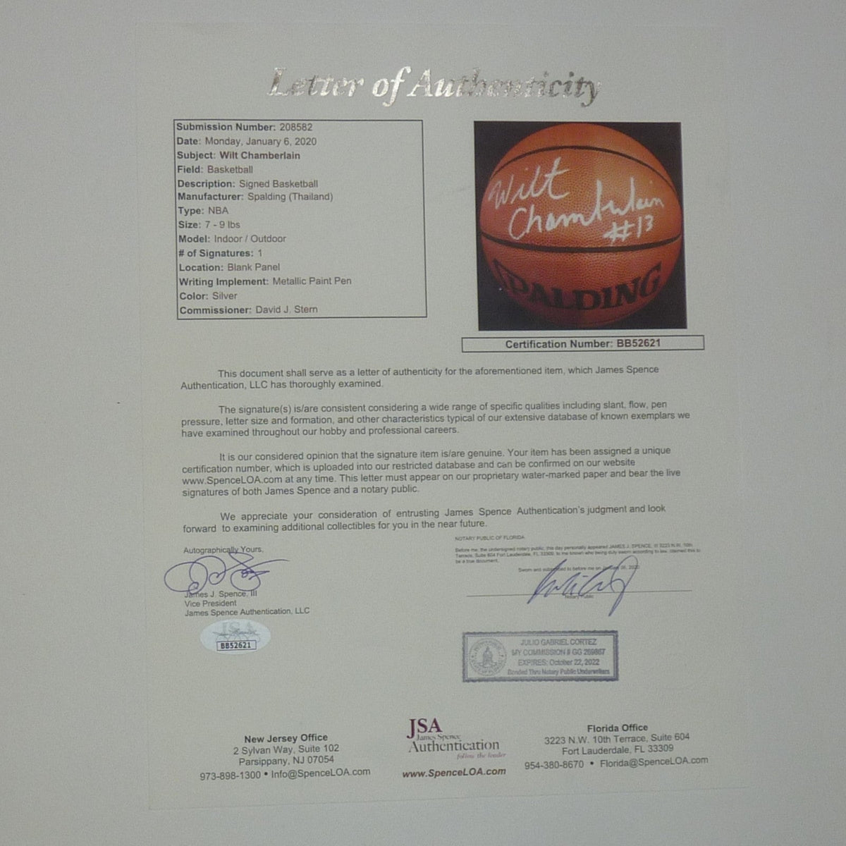 Autographed Wilt Chamberlain NBA Basketball - JSA Letter-Powers Sports Memorabilia