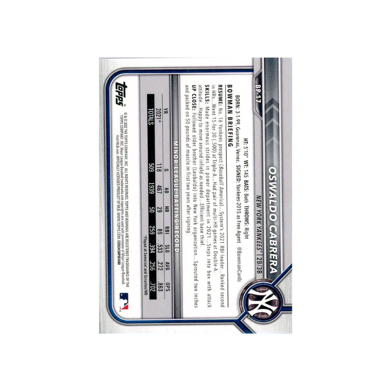 Oswaldo Cabrera New York Yankees Signed 2022 Bowman Paper 1st Prospect Card