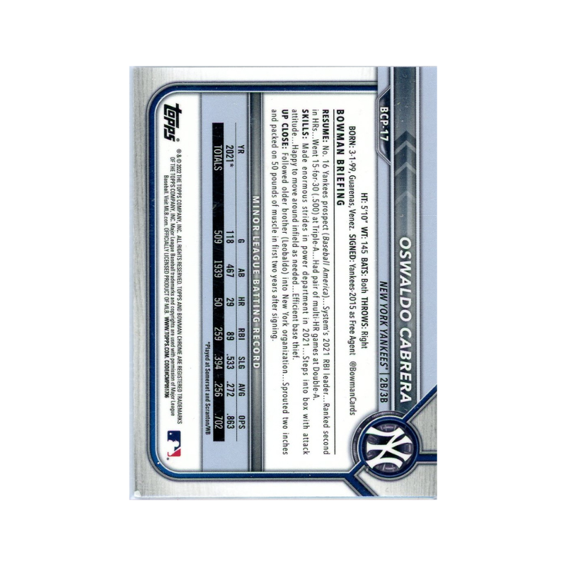 Oswaldo Cabrera New York Yankees Signed 2022 Bowman Chrome 1st Prospect Card-Powers Sports Memorabilia