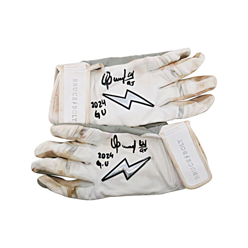 Oswaldo Cabrera New York Yankees Signed Inscribed Bruce Bolt White/Gray Game Used Gloves (/Cabrera LOA)-Powers Sports Memorabilia