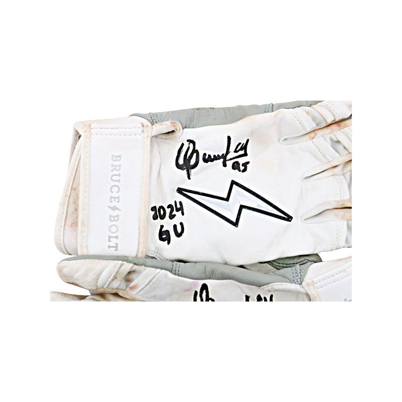 Oswaldo Cabrera New York Yankees Signed Inscribed Bruce Bolt White/Gray Game Used Gloves (/Cabrera LOA)-Powers Sports Memorabilia