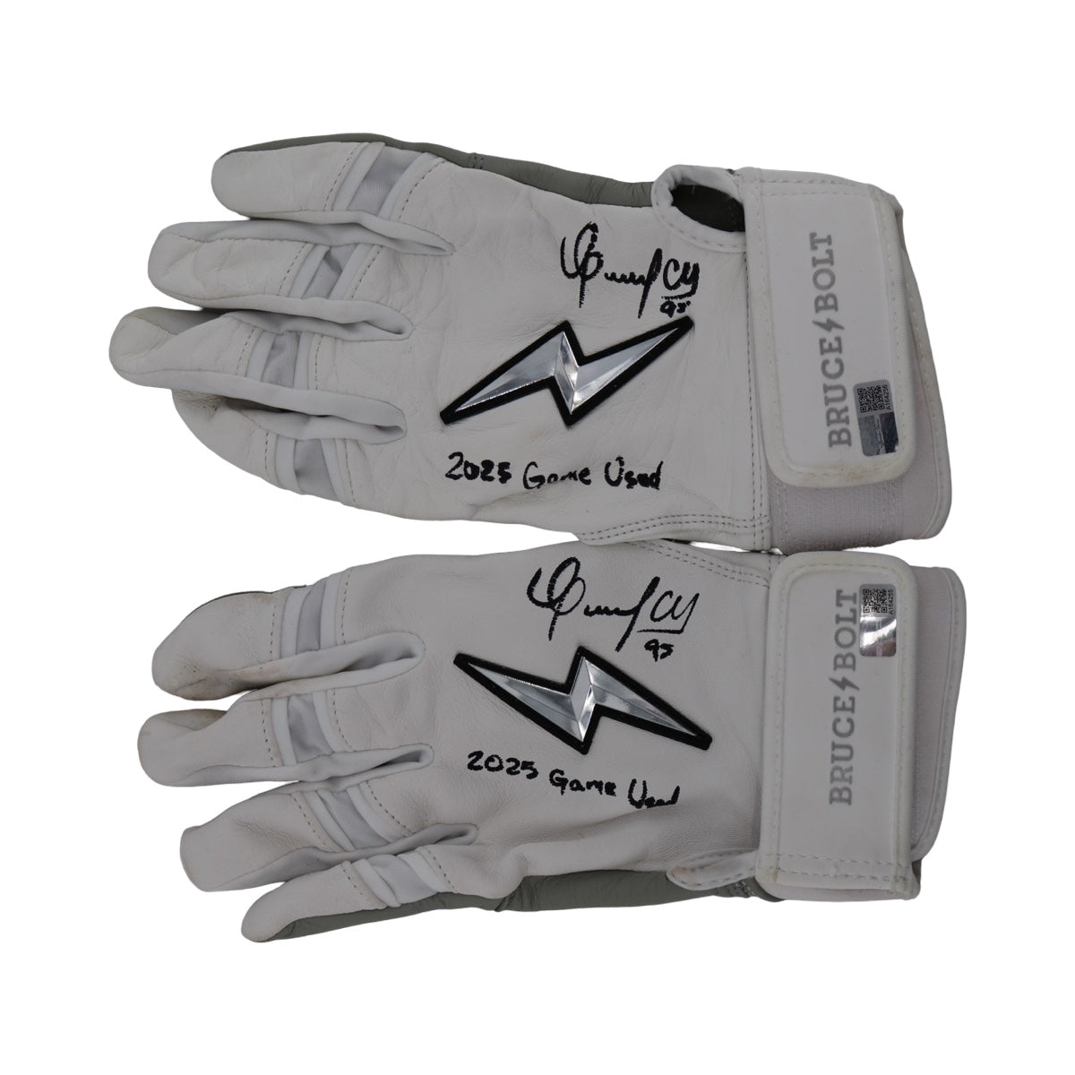 Oswaldo Cabrera New York Yankees Signed Inscribed Bruce Bolt White/Grey 2025 Game Used Gloves-Powers Sports Memorabilia