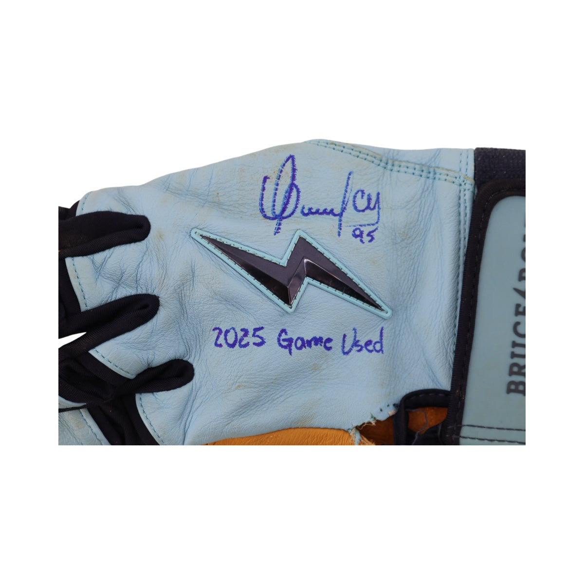 Oswaldo Cabrera New York Yankees Signed Inscribed Bruce Bolt Light Blue/Navy 2025 Game Used Gloves-Powers Sports Memorabilia