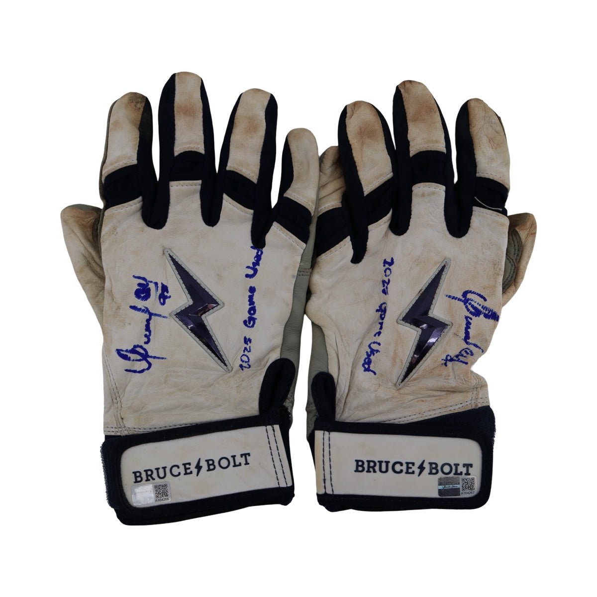 Oswaldo Cabrera New York Yankees Signed Inscribed Bruce Bolt White/Navy Game Used Gloves