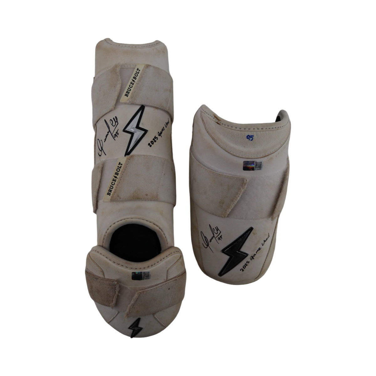 Oswaldo Cabrera New York Yankees Signed Inscribed Bruce Bolt 2025 Game Used Arm & Shin Guards (/Cabrera LOA)-Powers Sports Memorabilia