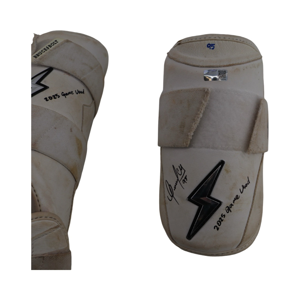 Oswaldo Cabrera New York Yankees Signed Inscribed Bruce Bolt 2025 Game Used Arm & Shin Guards (/Cabrera LOA)-Powers Sports Memorabilia