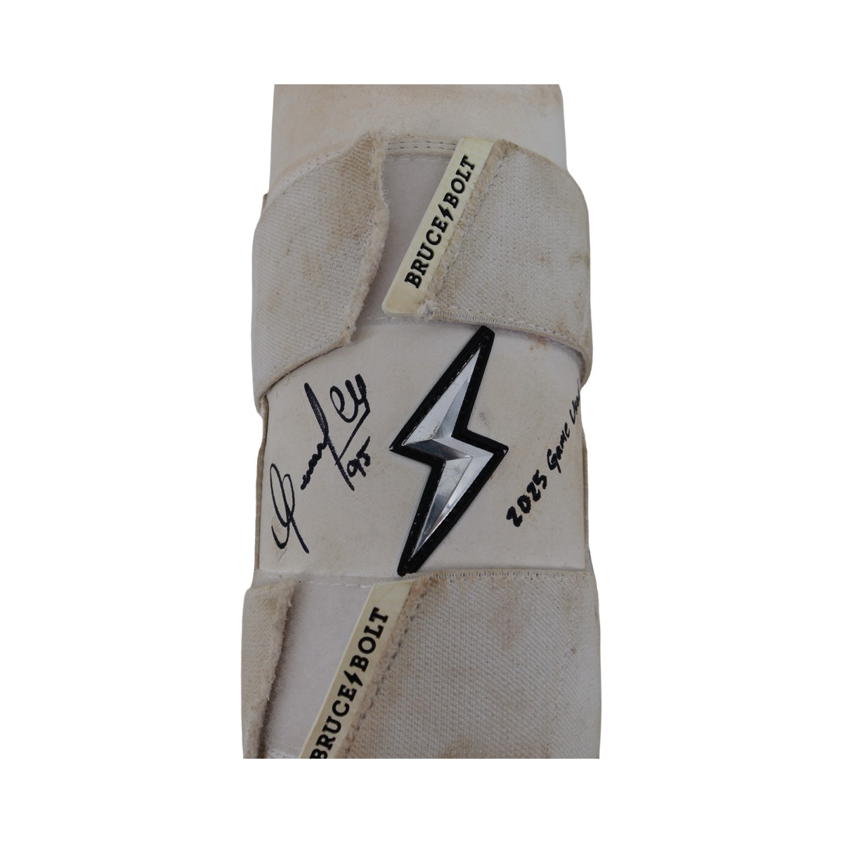 Oswaldo Cabrera New York Yankees Signed Inscribed Bruce Bolt 2025 Game Used Arm & Shin Guards (/Cabrera LOA)-Powers Sports Memorabilia