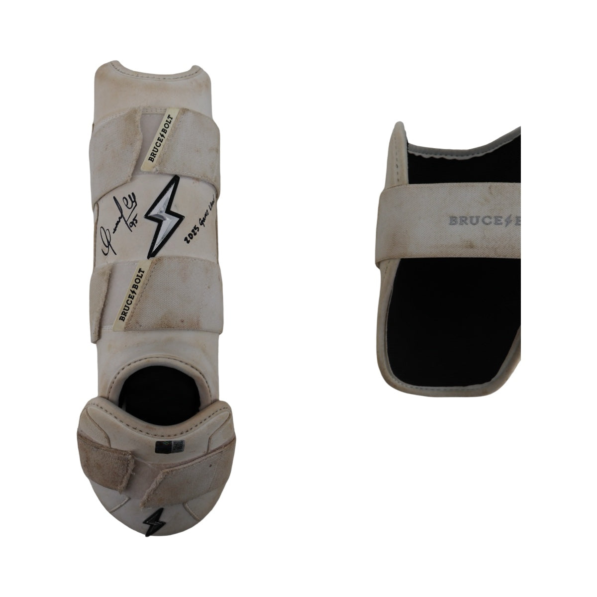 Oswaldo Cabrera New York Yankees Signed Inscribed Bruce Bolt 2025 Game Used Arm & Shin Guards (/Cabrera LOA)-Powers Sports Memorabilia
