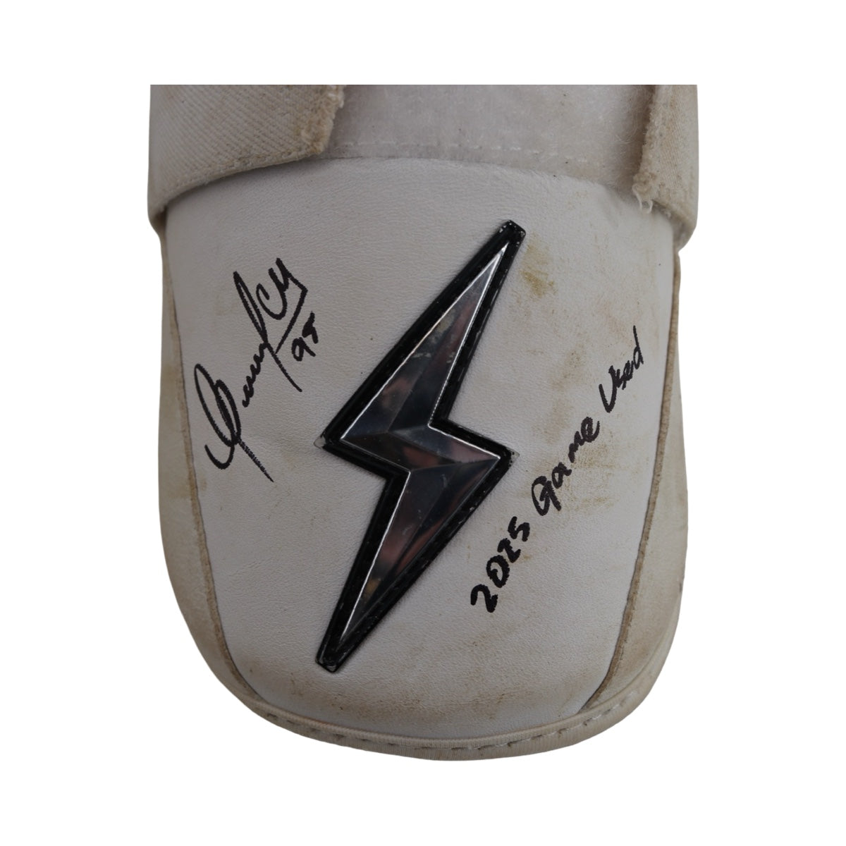 Oswaldo Cabrera New York Yankees Signed Inscribed Bruce Bolt 2025 Game Used Arm & Shin Guards (/Cabrera LOA)-Powers Sports Memorabilia