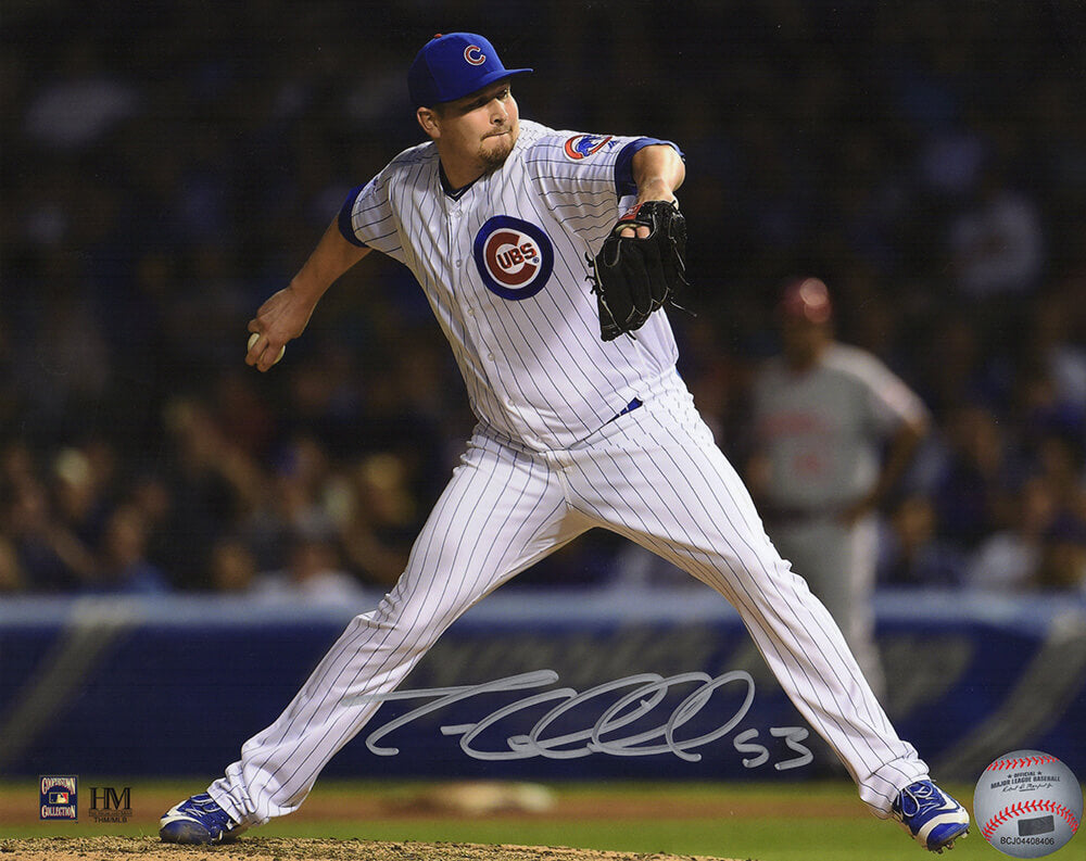 Trevor Cahill Autographed Chicago Cubs Pinstripe Jersey Pitching Action 8x10 Photo-Powers Sports Memorabilia