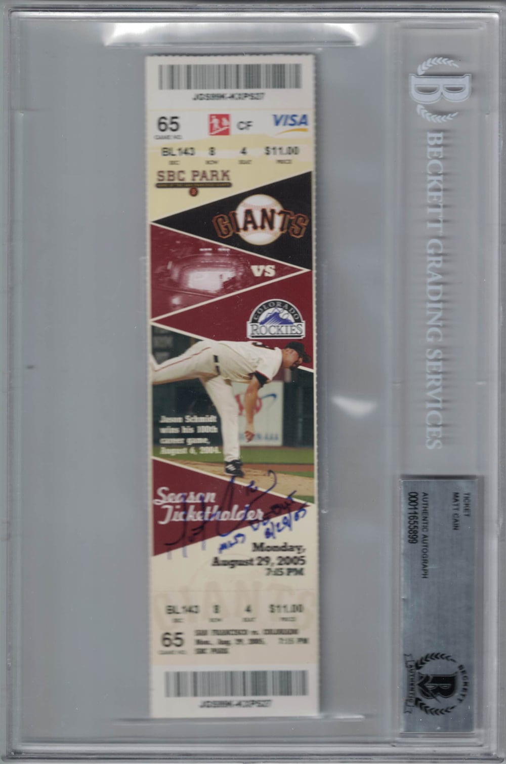 Matt Cain San Francisco Giants Signed Card - Ticket MLB Debut BAS Slab Beckett-Powers Sports Memorabilia